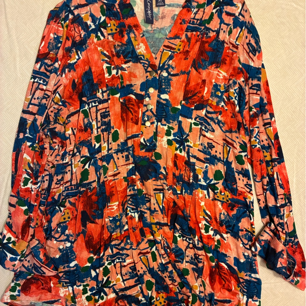 Anthropologie Red and Blue Abstract Blouse